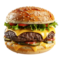 a hamburger with cheese and lettuce on it on transparent background. png