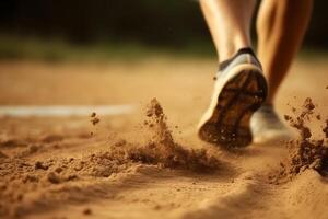 Close-up of a man's legs running along the road. Running through dusty terrain with emphasis on the runner's legs. Neural network photo