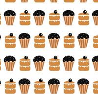 Cupcakes seamless pattern. Sweets repeat on white background. Cute cartoon design. vector