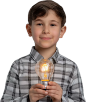Smiling Boy Holding Illuminated Light Bulb. png