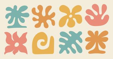 Set of groovy organic botanical shape in retro modern style. Abstract minimal flower and palm. Square shapes. Design elements vector