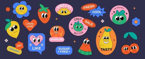 Set of sticker comic character fruit and phrase. Groovy strawberry flower peach in 60s 70s. Retro labels with trendy food. vector