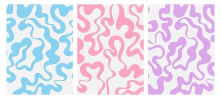 Groovy poster with organic curve wavy line. Set of vertical abstract background with scribble contour line in 70s 60s style. vector