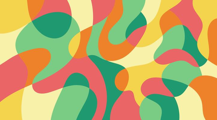 Retro backdrop with wavy colorful slice. Background with flat geometric liquid shape in retro 60s 70s style. Fluid wallpaper.