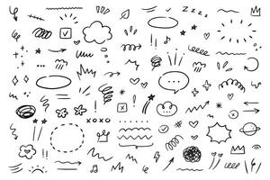 Hand drawn marker simple elements set. Doodle underlines, icons, emphasis, speech bubbles, arrows and shapes. vector
