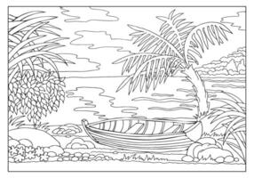 Hand-drawn seascape with a boat on the shore and palm trees. Illustration for coloring, sketch vector