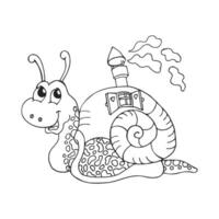Hand drawn contour funny snail with castle house. Magic illustration for coloring, sketch vector