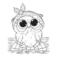 Hand drawn cute owl in a headscarf. Illustration for coloring, sketch vector
