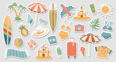 Set of cute summer stickers for your daily planner. Collection of scrapbooking elements for beach party, parasol, surfboard, ice cream, bikini, beach hat. Summer collection vector