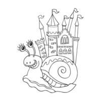 Hand drawn contour funny snail with castle house. Magic illustration for coloring, sketch vector