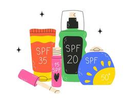 Set with various sunscreen products in different packages, SPF in hand drawn style. Protection for the skin from solar ultraviolet light. Trendy illustrations isolated on white background. vector
