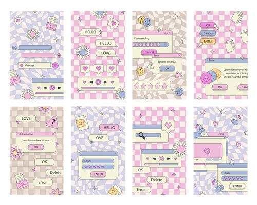 Cute nostalgic 90s retro vaporwave post and story template. Social media stories and posts with old computer aesthetic ui elements set. Illustration of retro groovy abstract interface.