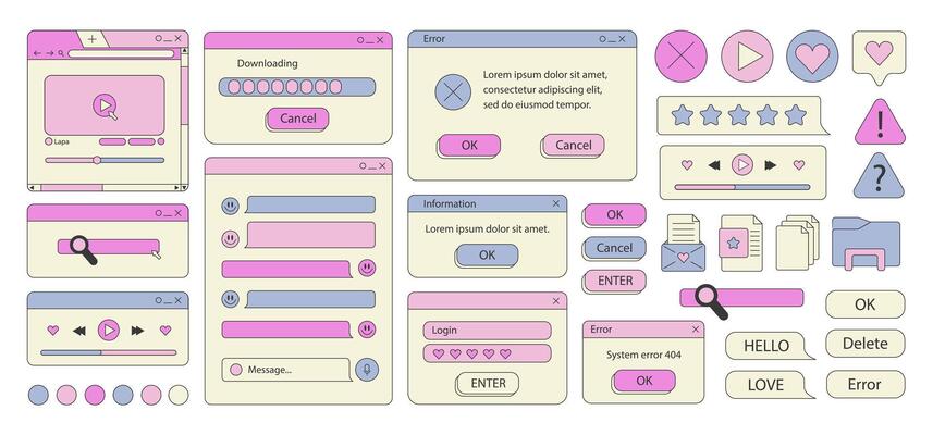 Big set of retro vaporwave desktop browser and dialog window templates. 80s 90s old computer user interface elements and vintage aesthetic icons. Nostalgic retro operating system.