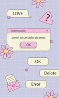 90s retro vaporwave aesthetics digital screen user interface. Cute old computer ui elements, nostalgic pc icons and dialog boxes set. Illustration of computer screen 90s vector