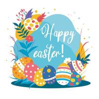 template Happy Easter greeting card with eggs flowers and plants, grass and flowers vector