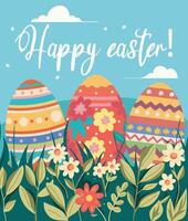 Easter card template with three eggs on a clearing, plants, grass and flowers. Inscription Happy Easter. Blue sky and cloud vector