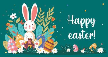 Easter horizontal banner poster design of cute bunny with colorful eggs and spring flowers. illustration space for text vector