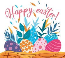 template Happy Easter greeting card 4 eggs flowers and plants, grass and flowers vector