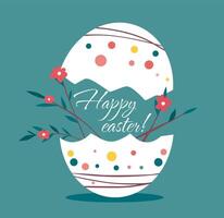 banner Easter card Easter white with patterned egg with text inside Happy Easter plants flowers on light blue green background vector
