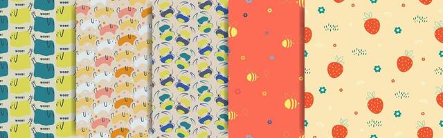Colorful doodle childish funny seamless pattern. Strawberry simple background. Animal repeat elements collection vector