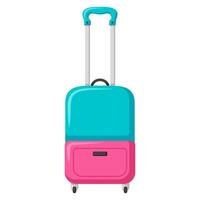 Traveling suitcase on wheels. Check in baggage. Bright flat clipart vector
