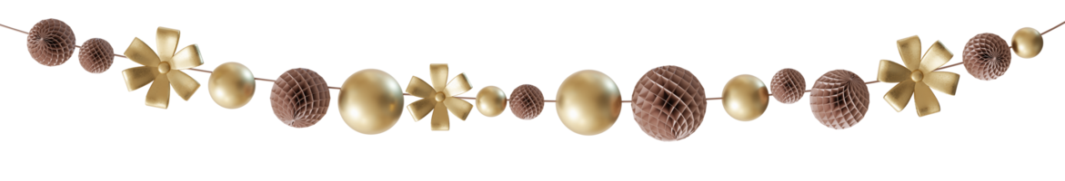 Elegant garland with brown and golden elements, flowers on transparent background. Can be used as divider, footer or header. Party, Happy Birthday, Wedding design element. Festoon. 3D rendering. png