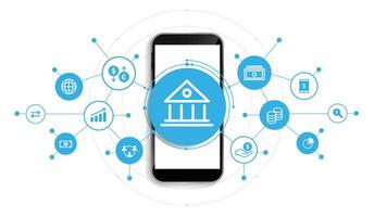 Banking and Finance by mobile phone concept. digital connect system. Financial and Banking technology with integrated circles, glowing line icons and on blue background. design. vector