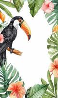 Tropical plants background. Watercolor frame with toucan. Exotic summertime background. vector