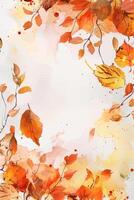 Fall season frame. Autumnal background with watercolor leaves and branches. Greeting card or invitation vector