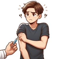 a boy in cartoon character with afraid expression with syringe png