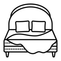 Double bed with headboard and two pillows and blanket, bedding, linen, single black line illustration, outline monochrome sign, editable stroke, pixel perfect vector