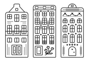 Typical Dutch architecture, three canal houses in Amsterdam style. Set of black line Netherland buildings vector