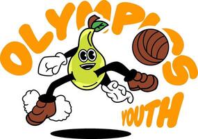 the mascot symbol of a fresh pear posing in the style of wanting to kick the takraw ball flying vector
