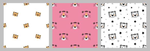 Hand drawn tiger seamless patterns set for designing baby clothes. Illustration in doodle style. Textile design. Cartoon Bohemian nursery print. vector