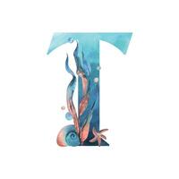 Capital letter T, part of the Latin alphabet decorated in a wet theme with corals, shells, algae, bubbles, blue and coral colors. Hand drawn watercolor illustration. Element isolated from background. vector