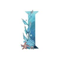 Capital letter I, part of the Latin alphabet decorated in a wet theme with corals, shells, algae, bubbles, blue and coral colors. Hand drawn watercolor illustration. Element isolated from background. vector