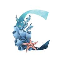 Capital letter C, part of the Latin alphabet decorated in a wet theme with corals, shells, algae, bubbles, blue and coral colors. Hand drawn watercolor illustration. Element isolated from background. vector