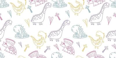 Neon design seamless pattern with several types of dinosaurs. Cute dinosaurs with a Dinosaur Day Theme. It can be used for paper design, gift wrapping, textiles, etc vector