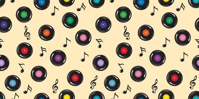 Retro vinyl record with musical notes in a seamless pattern packaged cutely. It can be used for paper designs, gift wrapping, textiles, etc vector