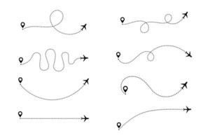 Airplane dotted route line set. Path travel line shapes. Flight route with start point and dash line trace for plane vector