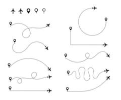 Airplane routes set. Plane paths. Aircraft tracking icon. Travel from start point and dotted line tracing. vector