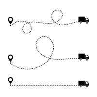 Multiple truck trakes with dotted lines. Pin map location of truck delivery on route icon design element vector