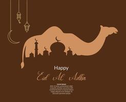 happy eid al adha greeting background with illustration of islamic camel and lantern vector