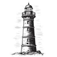 Lighthouse retro on the seaside sketch hand drawn illustration vector