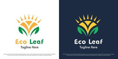 Leaf sun logo design illustration. Silhouette of circle shape eco synergy natural resources solar power. Simple flat icon symbol minimal geometric modern abstract nature. vector