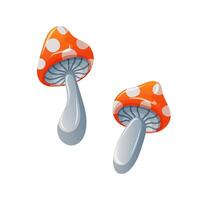 Fly agaric with red cap and white dots in cartoon style. Mushroom design for Halloween holiday. illustration isolated on a white background. vector