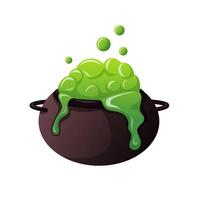 Witch Halloween cauldron with green potion in cartoon style. Boiling magic brew design for October holiday. illustration isolated on white background. vector