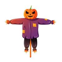 Scarecrow character with pumpkin head in cartoon style. Scarecrow for halloween and scare away birds from the harvest. illustration isolated on a white background. vector