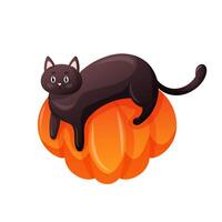 Cat lies on a pumpkin in cartoon style. Happy Halloween funny character for design. illustration isolated on a white background. vector