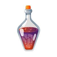 Bottles with magic potion and poison in cartoon style. Glass flask and vial violet color liquid. October Halloween holiday. illustration isolated on white background. vector